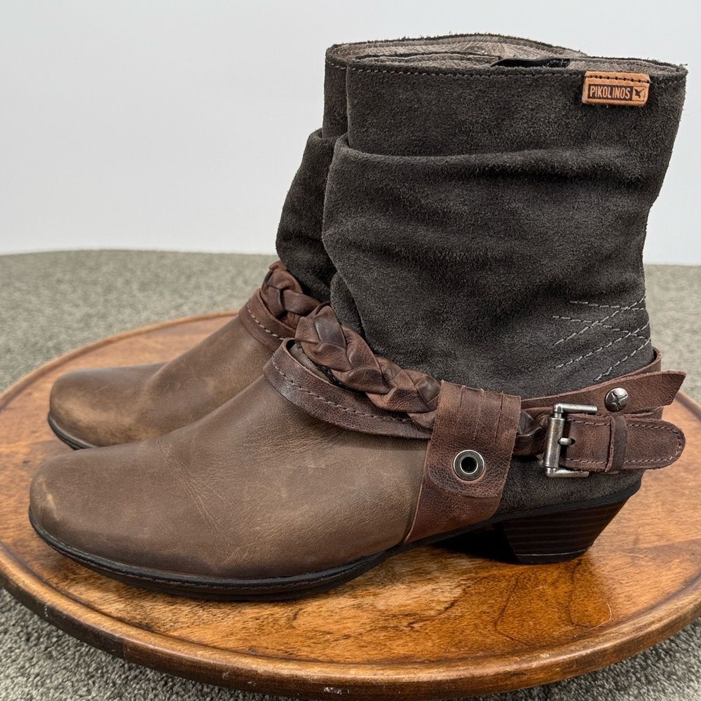 Pikolinos Boots Wm 38 7.5-8 Rotterdam Brown Leather Ankle Braided Leather Buckle